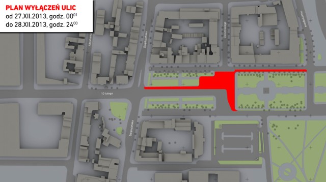1.Od 27.XII (godz. 0001) do 28.XII (godz.2400)
Z ruchu kołowego wyłączona zostanie część Skweru Kościuszki w rejonie skrzyżowania z ul. Żeromskiego. W tym terminie od strony ul. Świętojańskiej możliwy będzie wjazd na Skwer Kościuszki, natomiast wyjazd ze Skweru Kościuszki odbywać się będzie ul. Waszyngtona. Na odcinku Skweru Kościuszki od ul. Żeromskiego do ul. Waszyngtona wprowadzony zostanie jeden kierunek ruchu (przeciwny do dotychczas obowiązującego). Wyjazd z ul. Żeromskiego w kierunku ul. Świętojańskiej następować będzie przez Skwer Kościuszki i ul. Waszyngtona.