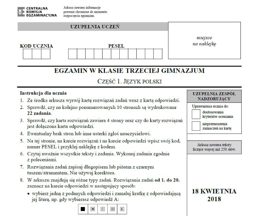 EGZAMIN GIMNAZJALNY 2018. Język polski arkusze CKE i odpowiedzi. Część humanistyczna 18.04.2018 - język polski