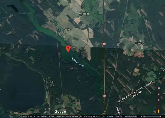 Widok satelitarny na jezioro Dołgie z Google Maps