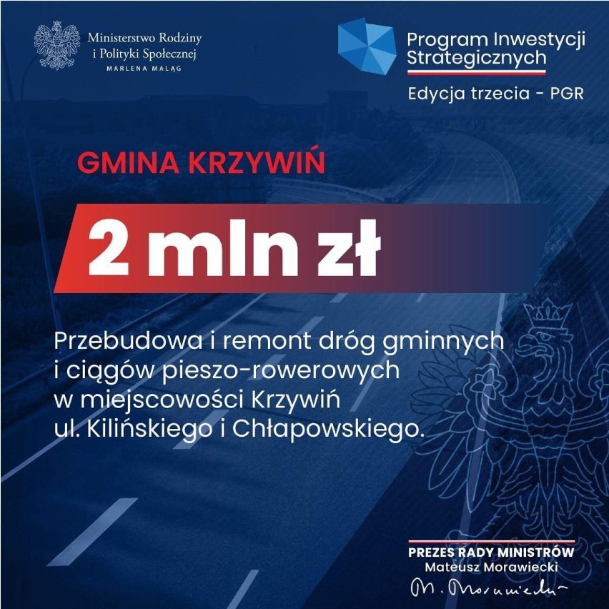 Gmina Krzywiń otrzymała 2 miliony złotych na inwestycję drogową