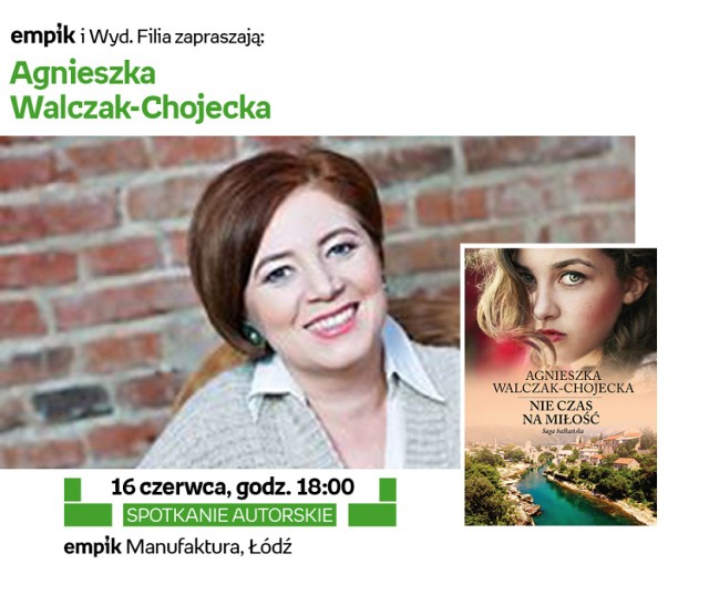 Agnieszka Walczak-Chojecka posiada bardzo bogaty życiorys. Swoją przygodę z literaturą rozpoczęła już w wieku pięciu lat, publikowała swoje wiersze w "Poezji" i "Nowym wyrazie", pisała również słowa piosenek m. in. dla Piotra Rubika. Autorka zagrała jedną z głównych ról w filmie "Grzechy dzieciństwa". Zajmowała się również tłumaczeniami, przekładami słuchowisk, współpracą z radiem czy działalnością biznesową. W 2012 roku porzuciła pracę w korporacji, dzięki czemu powstała jej debiutancka powieść pt. "Dziewczyna z Ajutthai. Niezbyt grzeczna historia", a teraz promuje swoją najnowszą książkę „Nie czas na miłość” (Wyd. Filia).

16 czerwca, godz. 18:00
empik Manufaktura, Łódź, ul. Karskiego 5