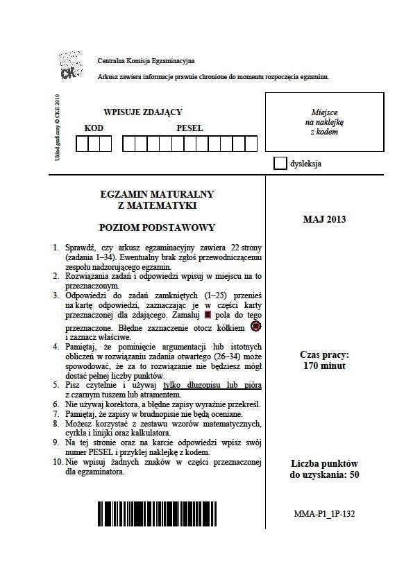 MATURA 2013. Matematyka - poziom podstawowy [ARKUSZE, ODPOWIEDZI]