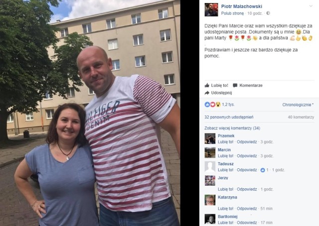 Piotr Małachowski wstawił wspólne zdjęcie z panią Martą i podziękował jej na Facebooku.