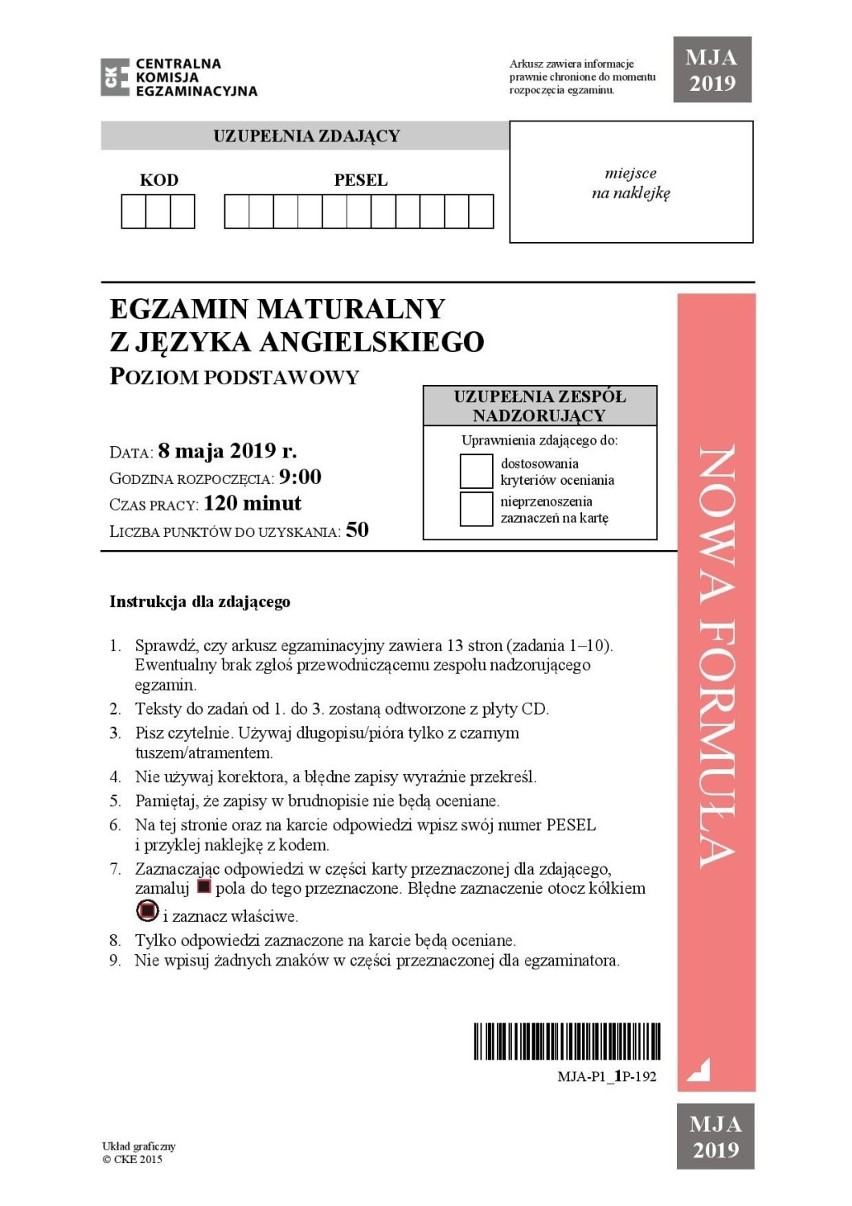 Matura 2019 angielski podstawowy - odpowiedzi