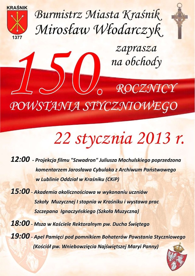 Program obchodów 150. rocznicy powstania styczniowego w Kraśniku.