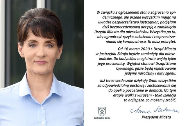 Prezydent Jastrzębia-Zdroju zamyka urząd miasta dla mieszkańców. Powodem epidemia koronawirusa i troska o bezpieczeństwo