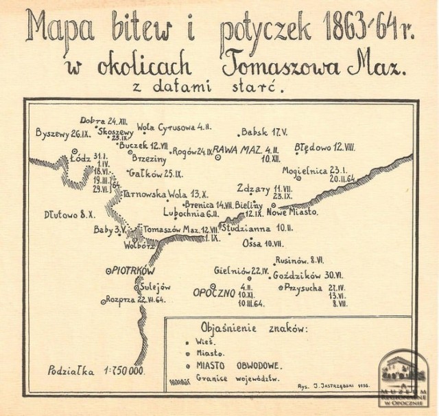 1. Mapa bitew i potyczek w rejonie Tomaszowa Mazowieckiego i Opoczna stoczonych w latach 1863-64 opracowana w 1936 r. przez J. Jastrzębskiego