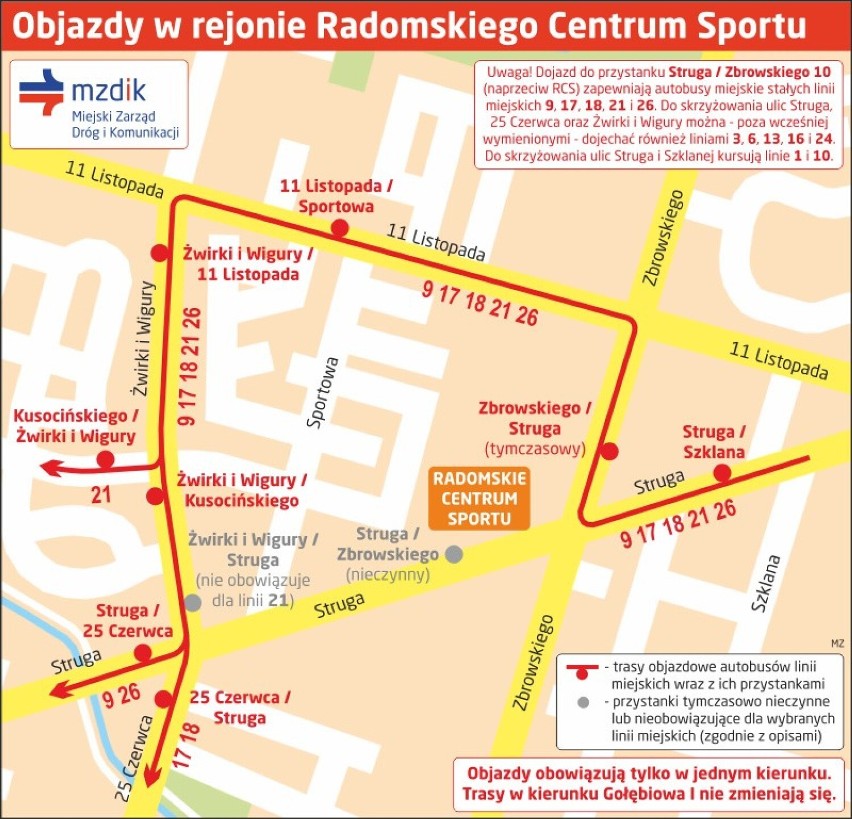Uwaga kierowcy! W sobotę 13 sierpnia w Radomiu będą utrudnienia w rejonie ulicy Struga. Na czas meczu: Polska - Ukraina