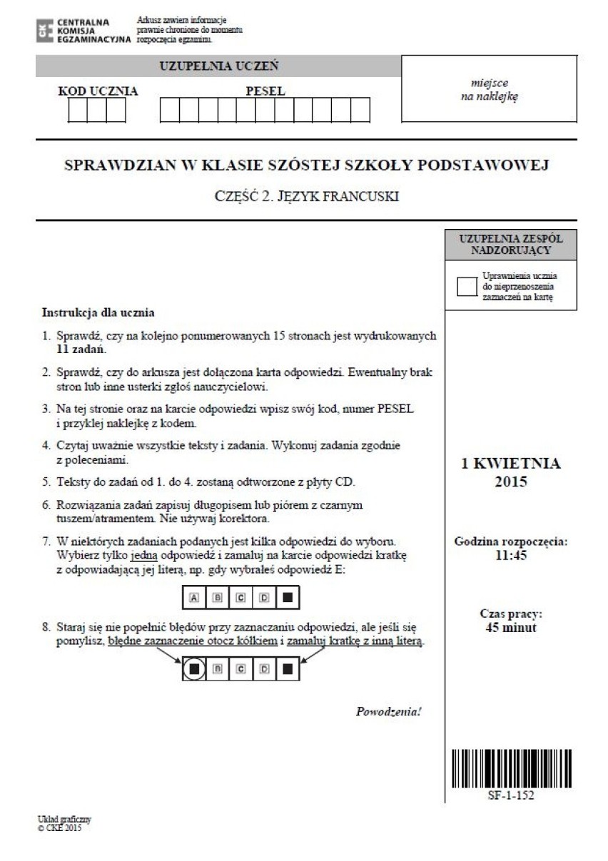 Sprawdzian Szóstoklasisty 2015. FRANCUSKI [ZADANIA,...