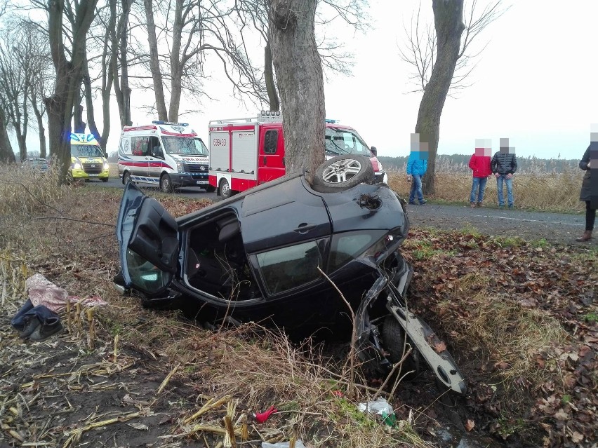 Groźny wypadek pod Skokami. Samochód uderzył w drzewo i dachował