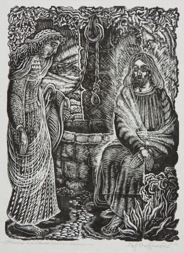 Stefan Mrożewski, Chrystus i Samarytanka, (Roraty), 1949, drzeworyt, papier