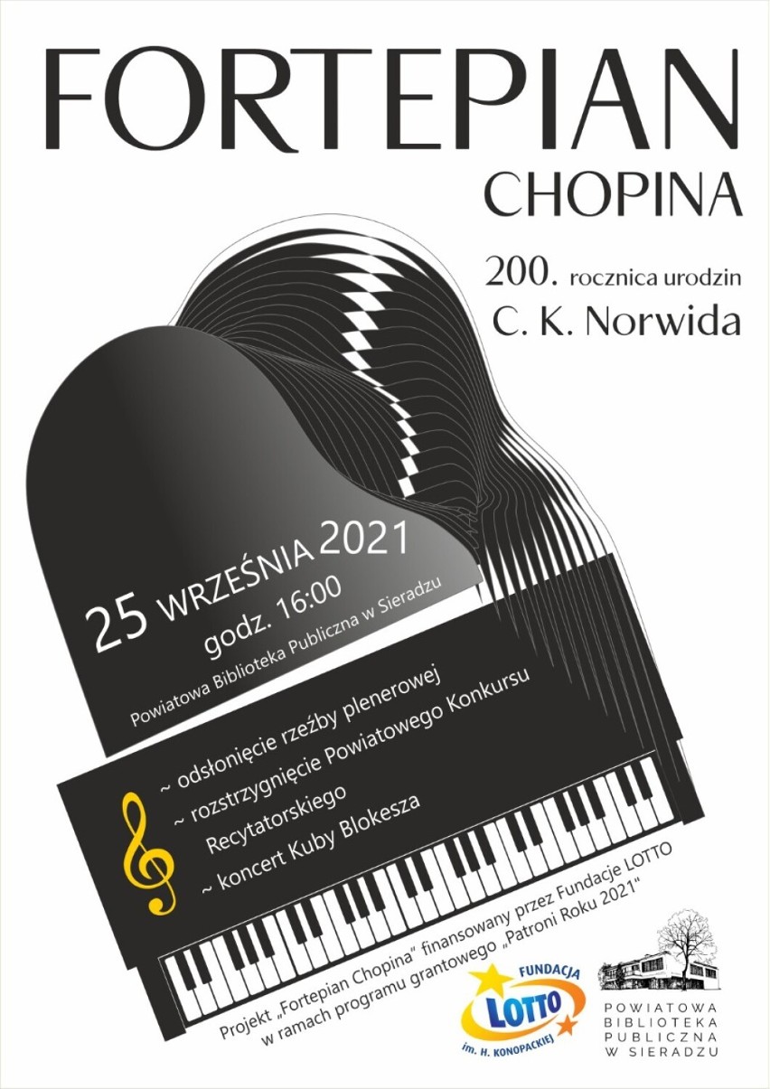 Odsłonięcie nowej plenerowej rzeźby Fortepian Chopina w Sieradzu w sobotę 25 września. Zaprasza Powiatowa Biblioteka Publiczna
