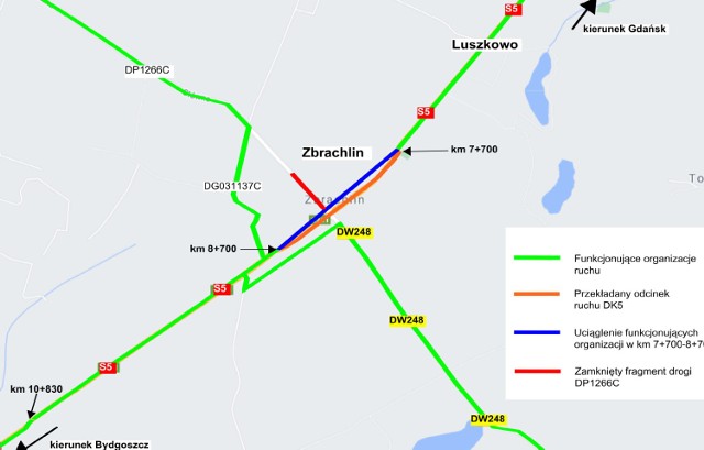 Tak na mapie drogowcy przedstawiają zmianę organizacji ruchu na drodze S5 na odcinku Luszkowo - Zbrachlin