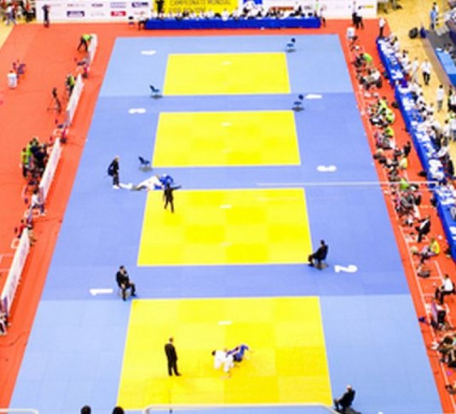Widok z góry na pola walki zawodów judo.