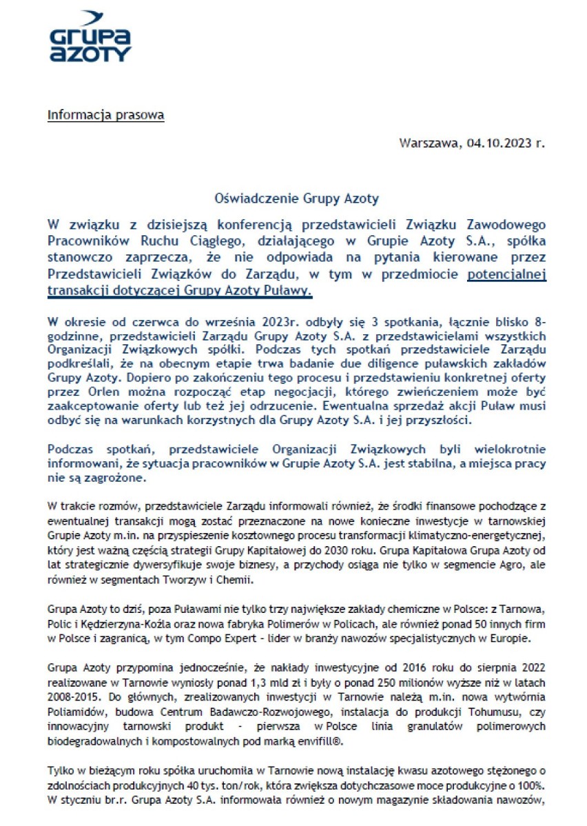 Oświadczenie Grupy Azoty po briefingu związkowców z ZZPRC
