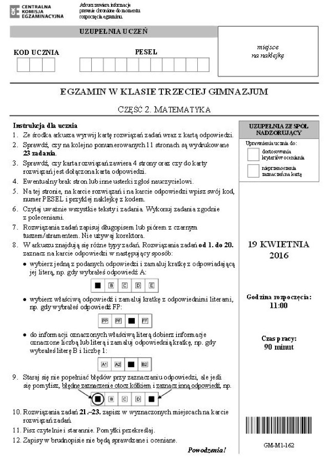 Egzamin gimnazjalny 2016: matematyka [ARKUSZE CKE, ZADANIA]