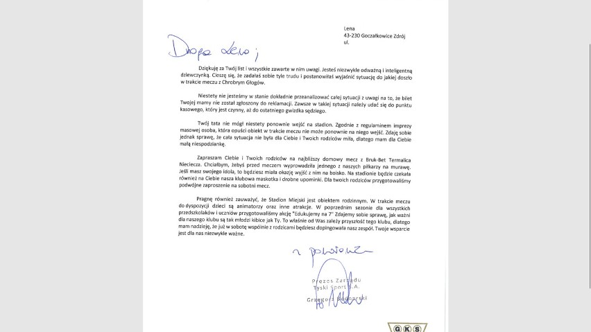 Odpowiedź prezesa Grzegorza Bednarskiego na list Lenki z...