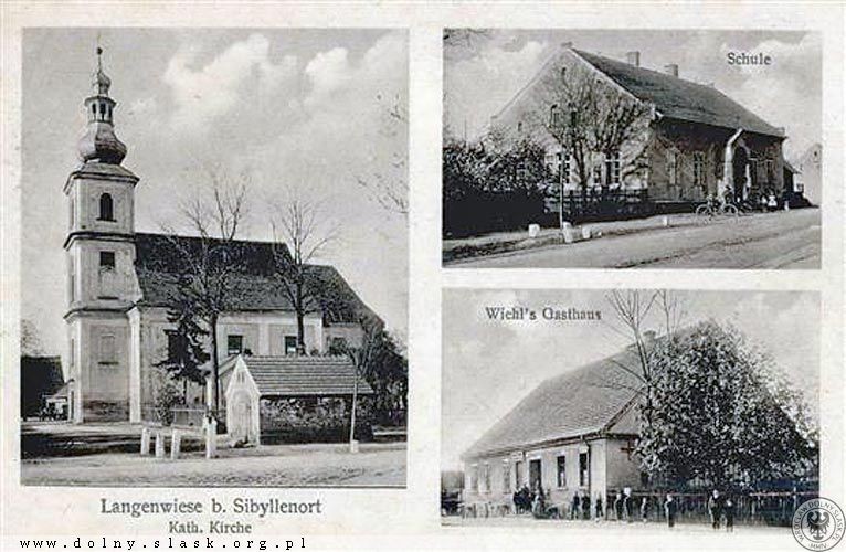 Długołęka w latach 1910-1930: kościół, szkoła i gospoda.