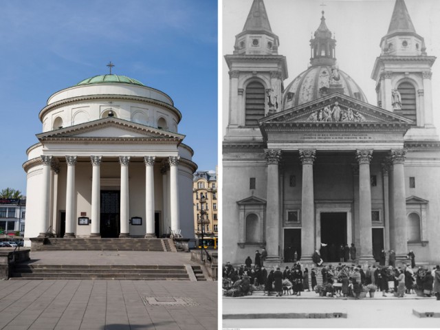 Zbudowany w stylu klasycystycznym kościół prezentował się jeszcze w 1939 roku zupełnie inaczej niż wygląda dziś. Kształ w którym możemy go podziwiać pochodzi sprzed przebudowy w wieku XIX i nie posiada wież, które towarzyszyły mu jeszcze przed wojną. Zmienił się wygląd portyku, a z frontonu zniknęły ozdoby. Kościół prezentuje się znacznie mniej smukle, jest bardziej okrągły i mniej zdobny niż przed wojną.