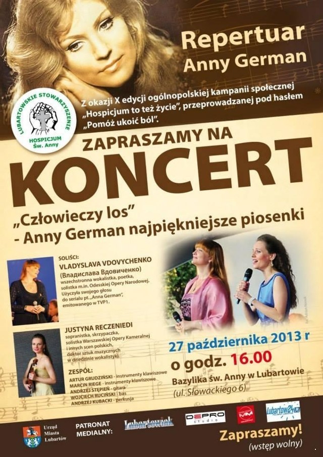 27 października zapraszamy do Lubartowa na koncert "Człowieczy los – Anny German najpiękniejsze piosenki”.