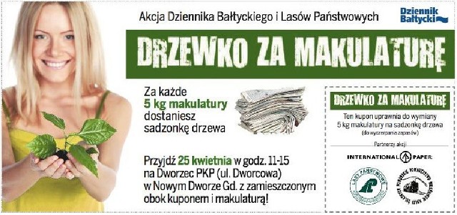 W tym roku akcja "Drzewko za makulaturę" odbędzie się 25 kwietnia, w godzinach od 11 do 15, na terenie dworca kolei wąskotorowej w Nowym Dworze Gd., przy ul. Dworcowej