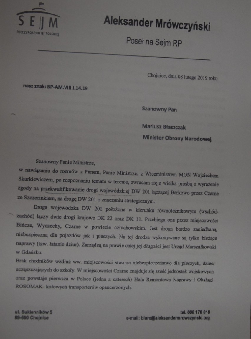 Poseł Aleksander Mrówczyński w odpowiedzi na słowa starosty człuchowskiego na temat drogi nr 201
