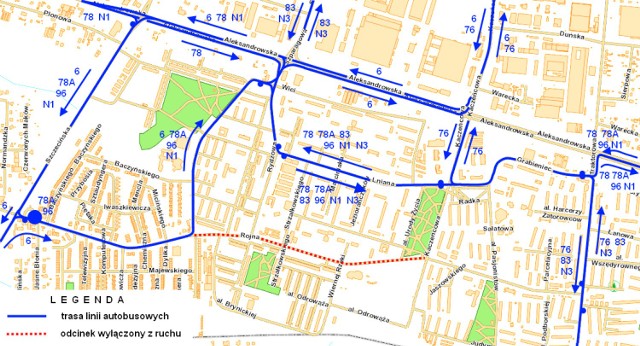 Remont Rojnej 2014 mapa objazdów