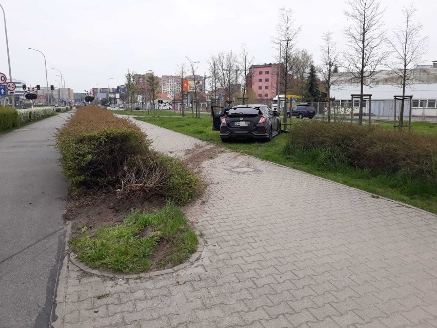 Wrocław. Przez krzaki, chodnik, wylądowała na trawniku. Wypadek sportowej hondy