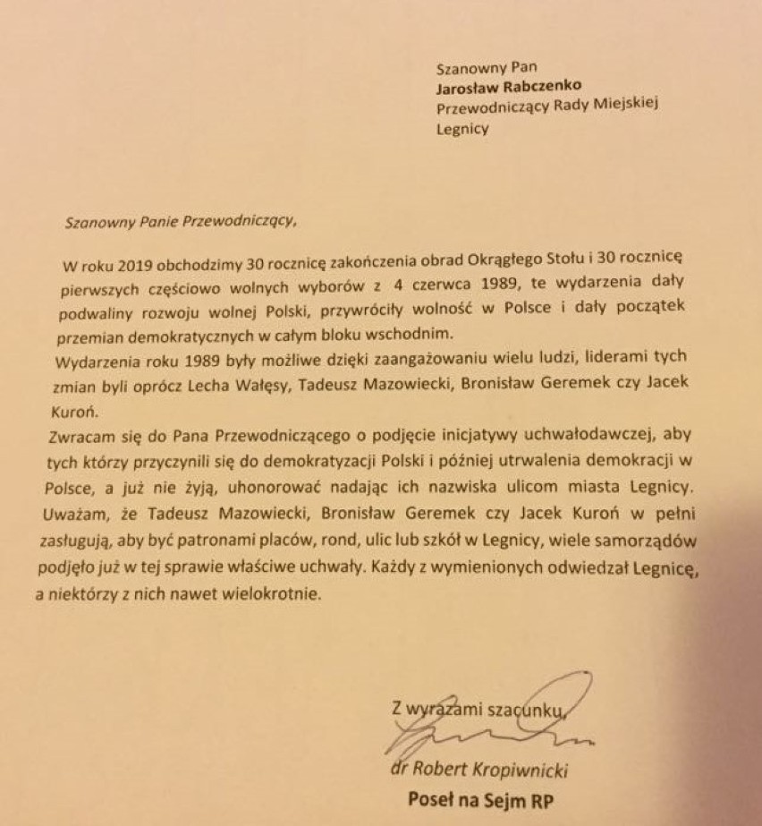 Kropiwnicki chce ulic Wałęsy, Mazowieckiego, Kuronia i Geremka w Legnicy