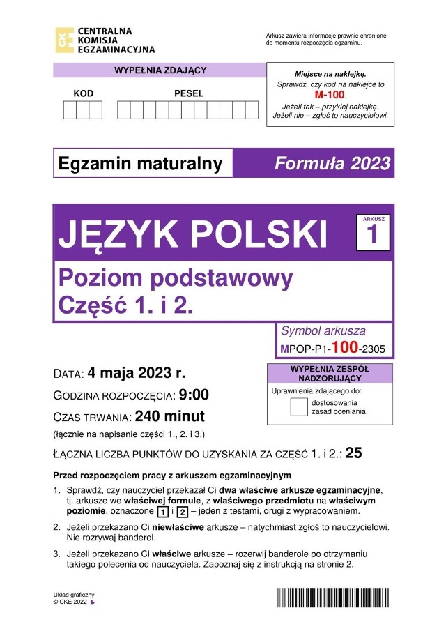 Arkusz matury z języka polskiego na poziomie podstawowym w formule 2023. Zadania i sugerowane odpowiedzi na kolejnych stronach ----->