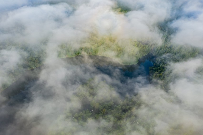 Golejowskie jeziora w piątkowy poranek. Cały kompleks spowity mgłą (ZDJĘCIA)