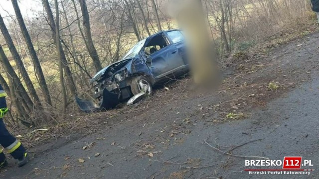 Wypadek w Iwkowej, samochód osobowy uderzył w drzewo