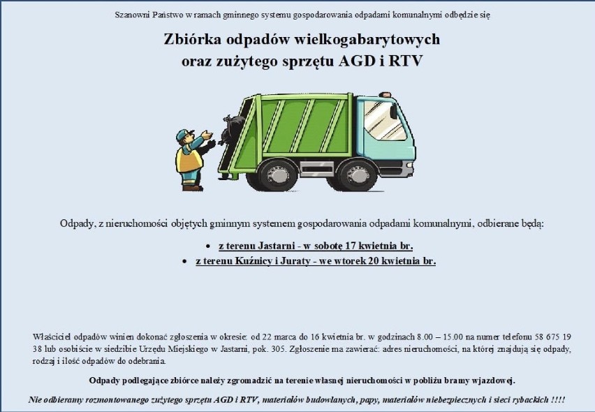 Jastarnia: w kwietniu 2021 będzie wiosenna wystawka, czyli zbiórka odpadów wielkogabarytowych oraz sprzętu AGD i RTV | TERMINY