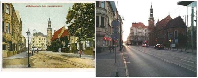 Ulica Jagiellońska w Bydgoszczy. Po prawej stronie znajdują się kościół Klarysek i zabudowania drukarni Grunauera. Pocztówka pokazuje miejski krajobraz około 1910 roku.