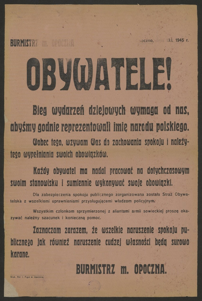 Odezwa burmistrza Opoczna z 19 stycznia 1945 r.