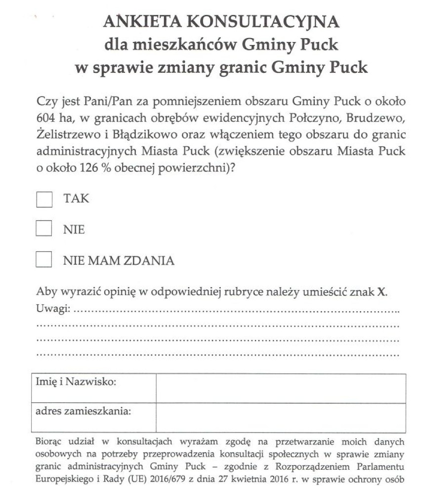 Ankieta gminy Puck w sprawie zmiany granic