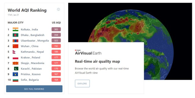 Ranking AirVisual z godziny 17.30 w poniedziałek 21 stycznia