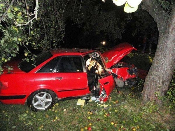 Zmiażdżone auto po ścięciu świerków i uderzeniu w jabłoń