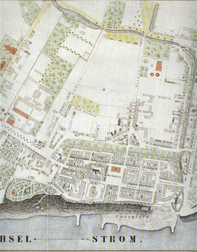 Plan z 1872 r. pokazuje jeszcze prawie kompletny obwód murów obronnych Grudziądza.