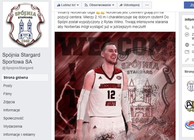 O nowym transferze Spójnia Stargard poinformowała na swoim profilu fejsbukowym