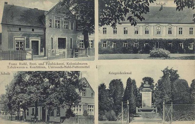 Lata 1920-1930 , Retków. Od góry, od lewej: sklep kolonialny Franza Riehl'a, pałac, szkoła oraz pomnik poświęcony poległym w wojnie.