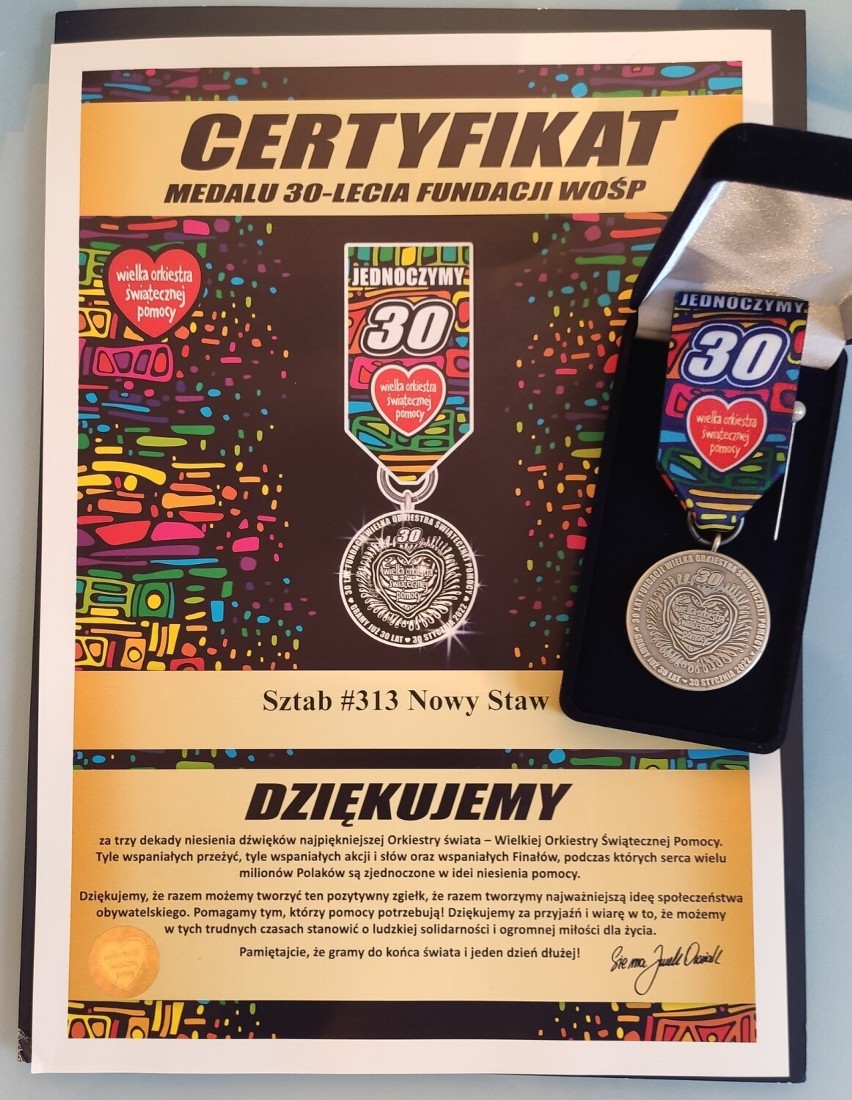 Nowy Staw. Sztab WOŚP nagrodzony przez Jerzego Owsiaka. Dostał medal na 30-lecie Wielkiej Orkiestry Świątecznej Pomocy 