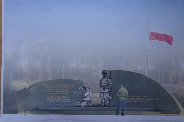 Tak miałby wyglądać pomnik. Komitet zrezygnował  bardziej drastycznej i dosłownej formy ( NKWD-zista mierzył bronią w głowę ofiary)