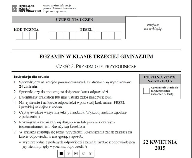 Odpowiedzi z egzaminu gimnazjalnego 2015 - część przyrodnicza. Biologia, Chemia, Fizyka