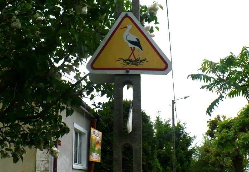 Bociani znak drogowy we wsi Kłopot.