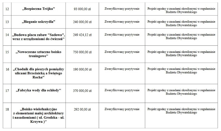 Projekty zgłoszone do Budżetu Obywatelskiego 2019 w Radomsku po weryfikacji merytorycznej