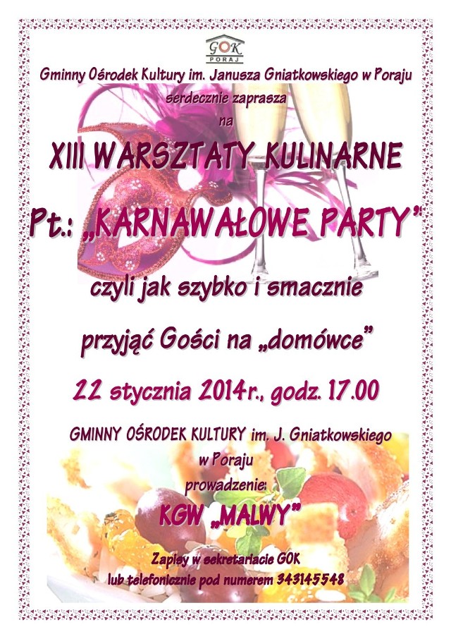 Warsztaty kulinarne Karnawałowe Party odbędą się 22 stycznia.