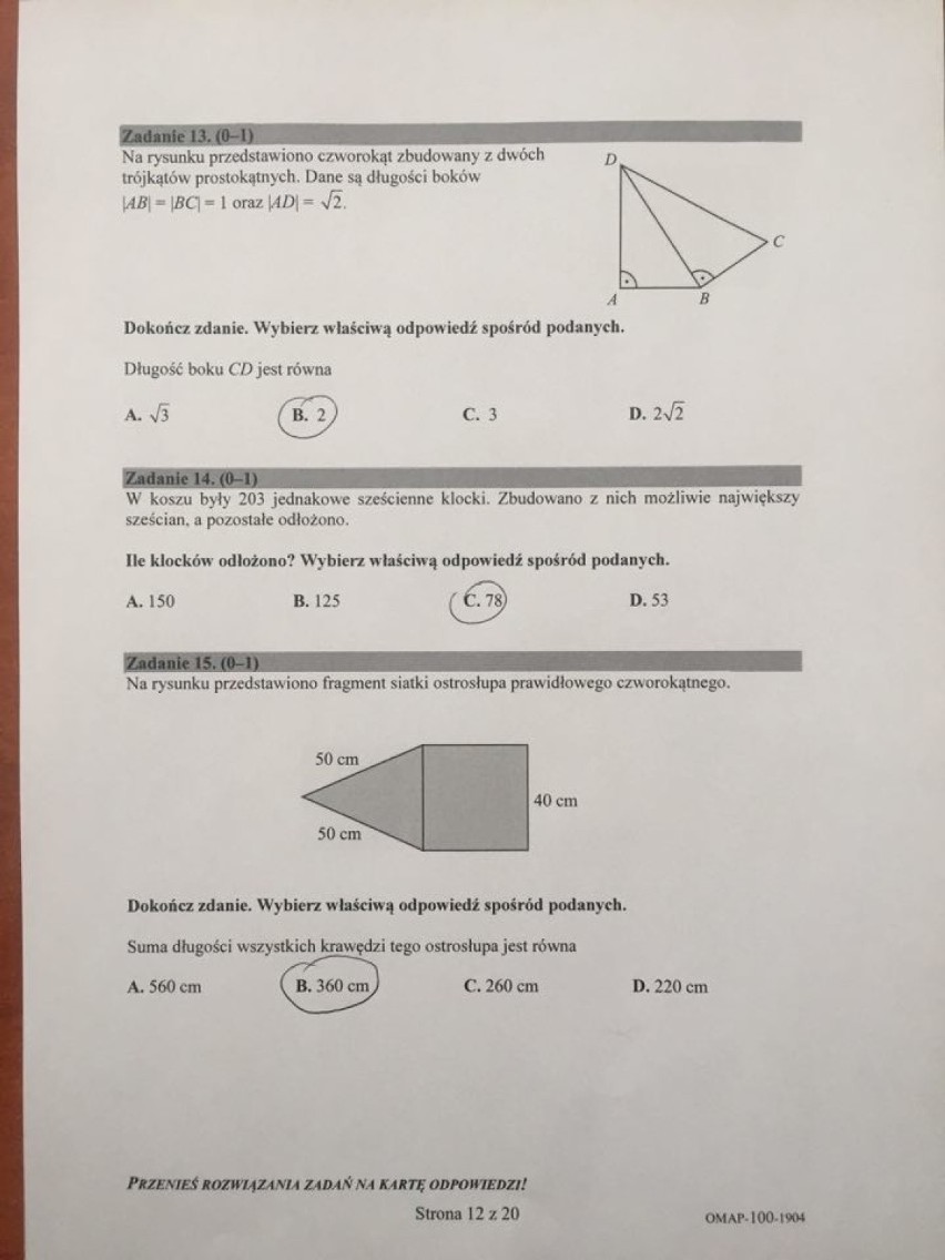 Egzamin ósmoklasisty 2019 MATEMATYKA Odpowiedzi, Arkusz CKE