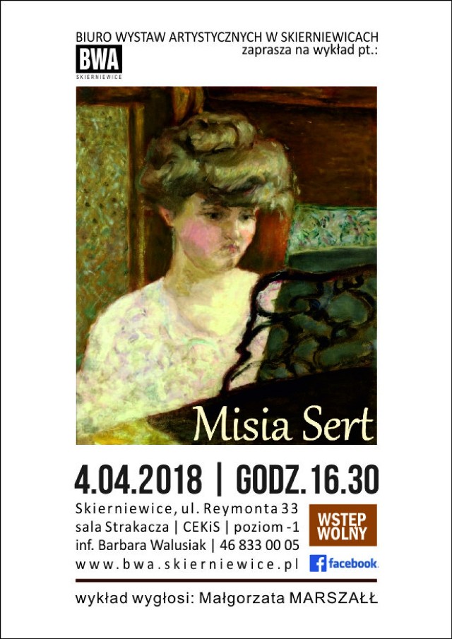 Kolejny wykład o sztuce w skierniewickim BWA odbędzie się w najbliższą środę, 4 kwietnia. Tym razem Małgorzata Marszałł będzie mówić o Misi Sert – muzie malarzy, literatów i kreatorów mody.