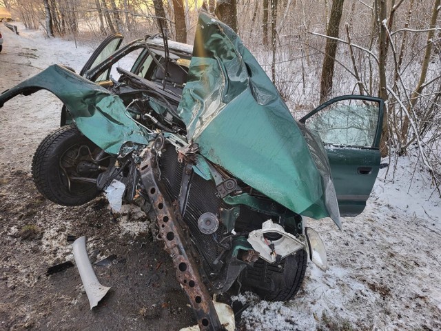 Wypadek na DK48 w Brudzewicach. Samochód uderzył w drzewo. Ranna 21-latka trafiła do szpitala, 6.03.2023